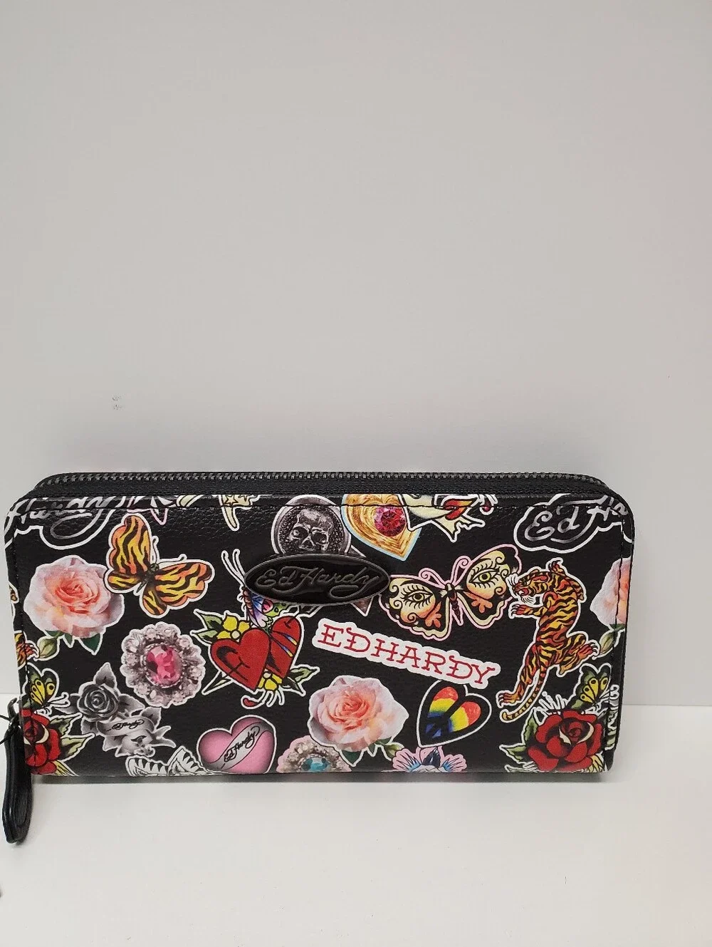 Ed Hardy Black Floral & Tattoo Zip-Around Wallet